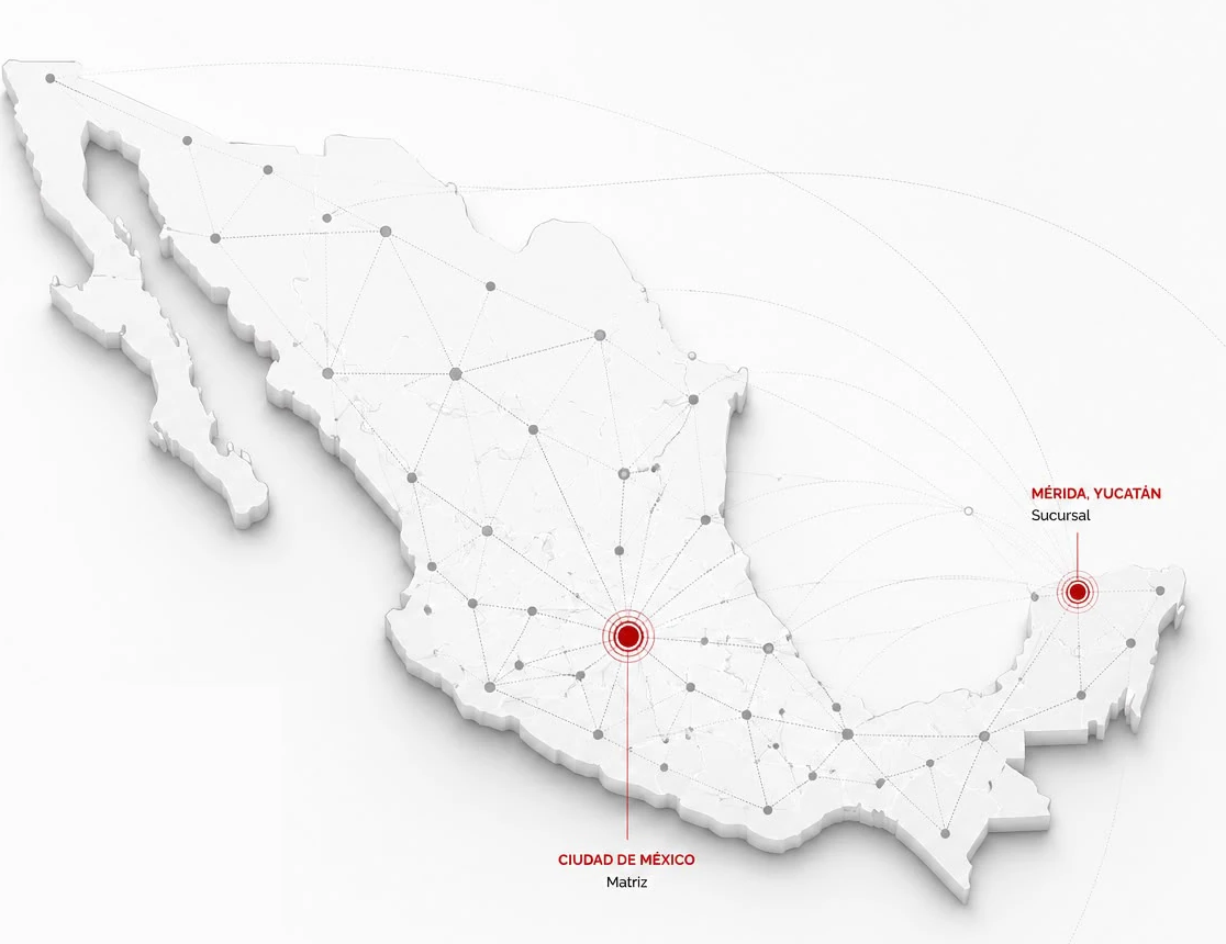 Mapa de México señalando la matriz de Macalpin en Ciudad de México y la sucursal en Mérida, Yucatán, conectadas con la red nacional de proveedores y aliados logísticos.