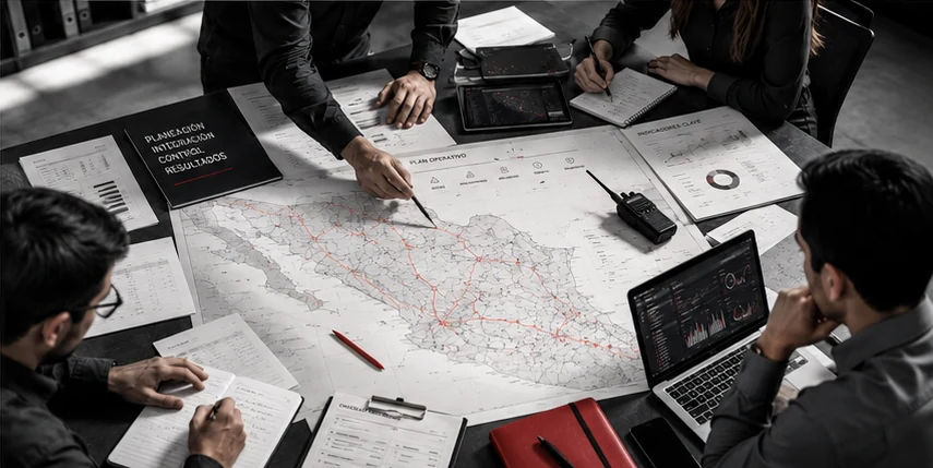 Equipo de Macalpin en sesión de planeación operativa sobre un mapa de rutas de México, con tableros de indicadores y equipo de coordinación.